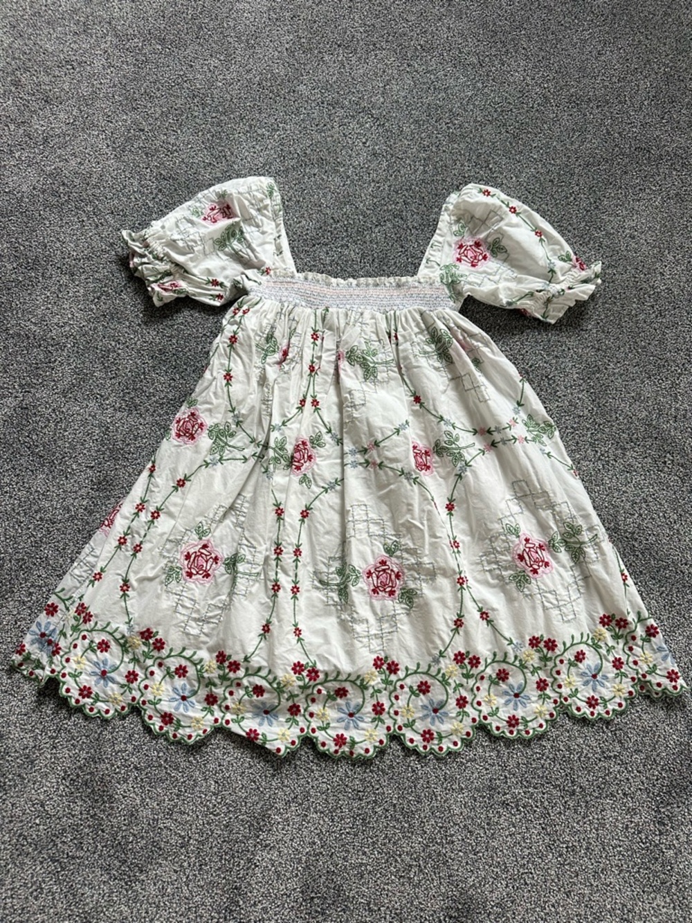 White Floral Embroidered Puff-Sleeve Mini Dress